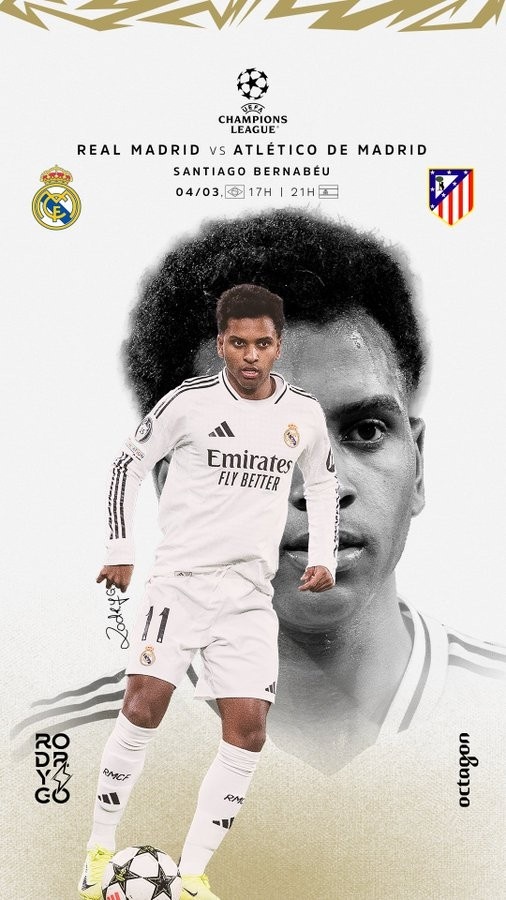 歐冠馬德裏德比！羅德裏戈曬個人海報：伯納烏見，HALA MADRID